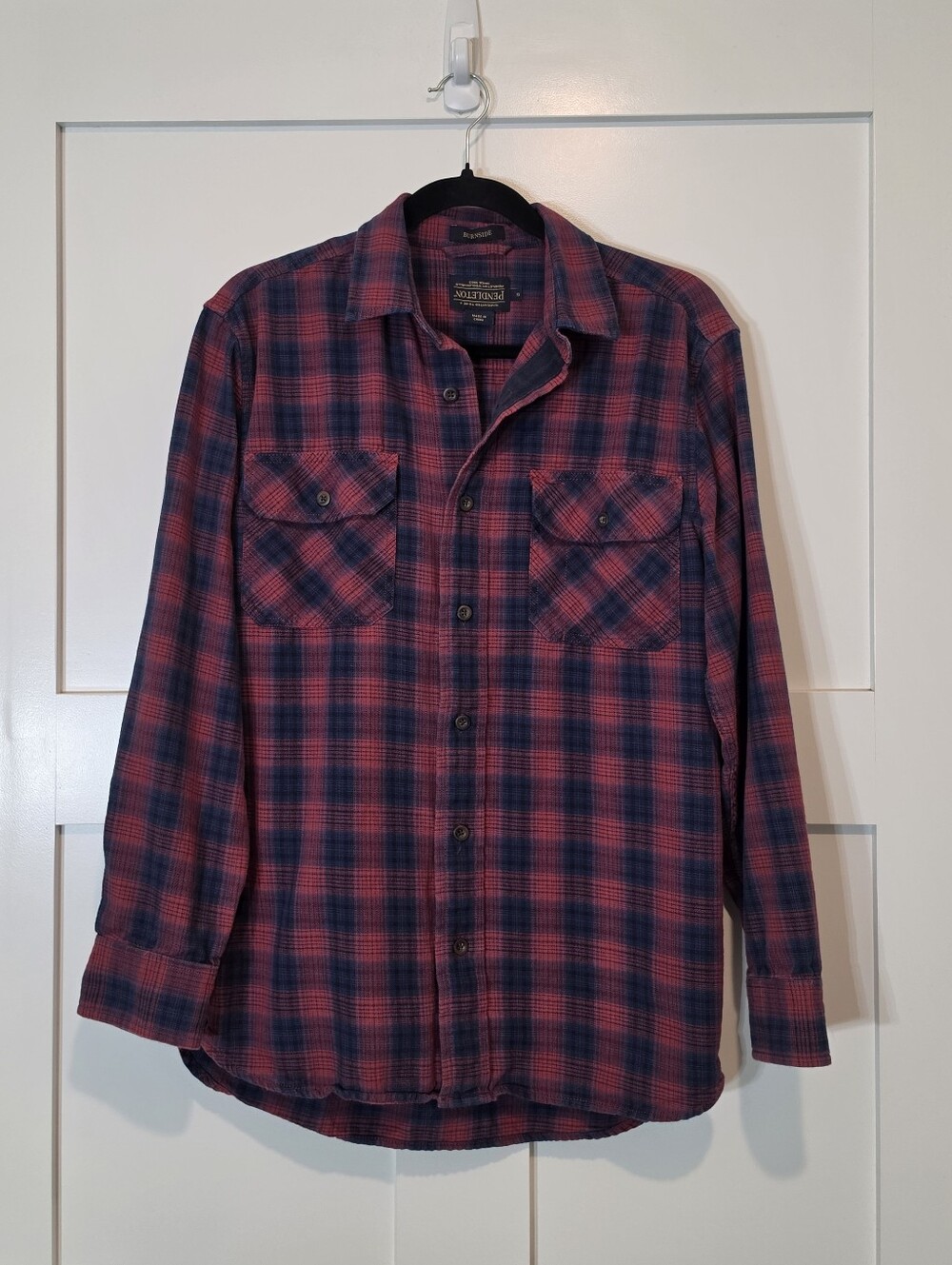 Pendleton Burnside Cotton Plaid Button Up Shirt Red Blue Chest Pockets Small